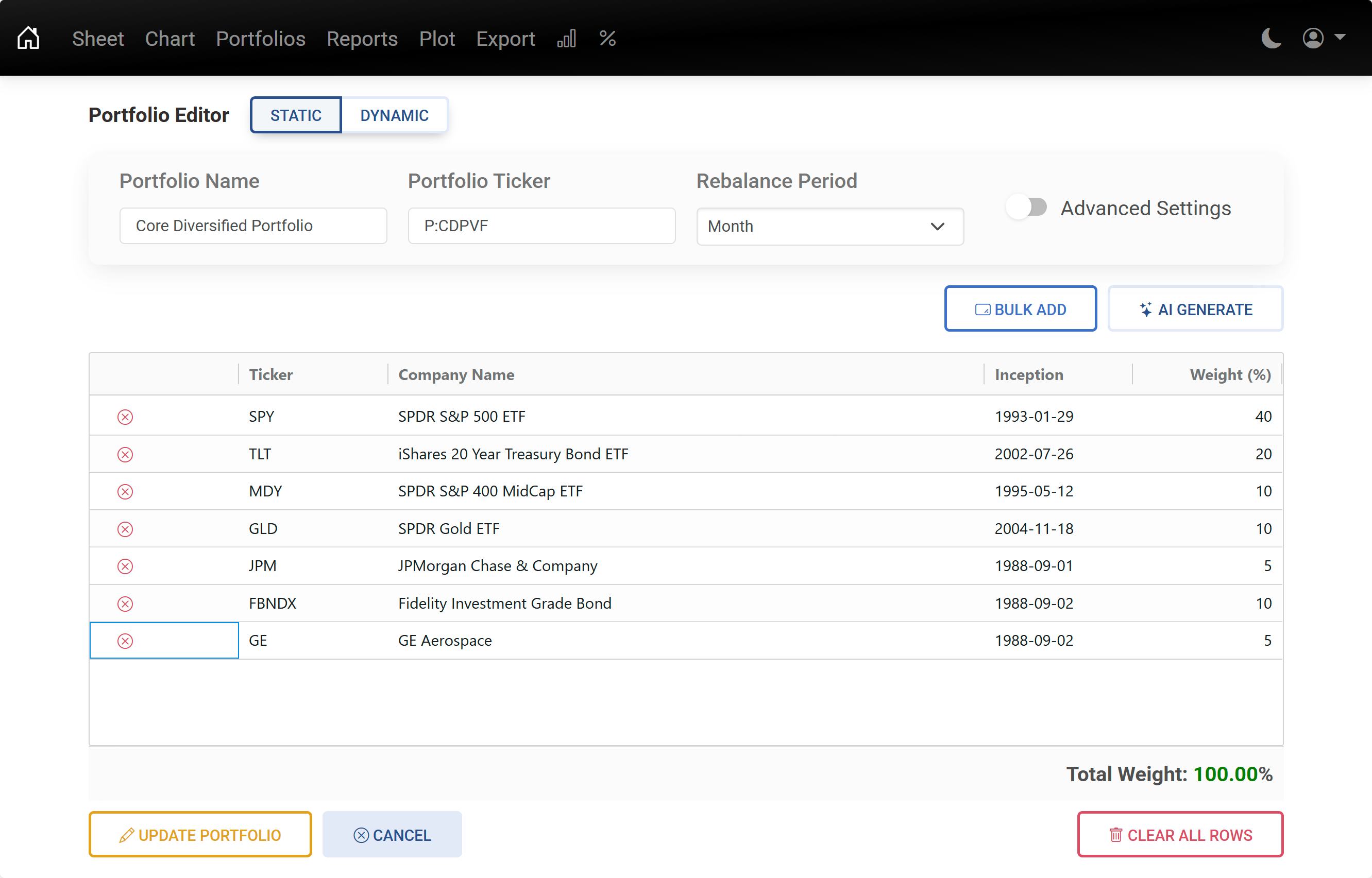 Portfolio builder interface